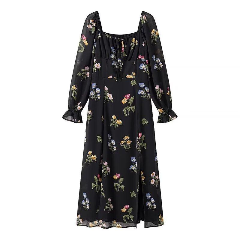 Kaslead New Arrival Women's Clothing Fashion Style Fashion Minimalist Square Collar Long Sleeve Print Dress