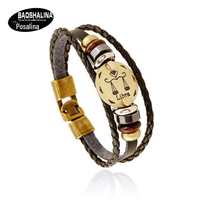 European Vintage Zodiac Leather Bracelet - Handwoven Astrological Charm for Men and Women
