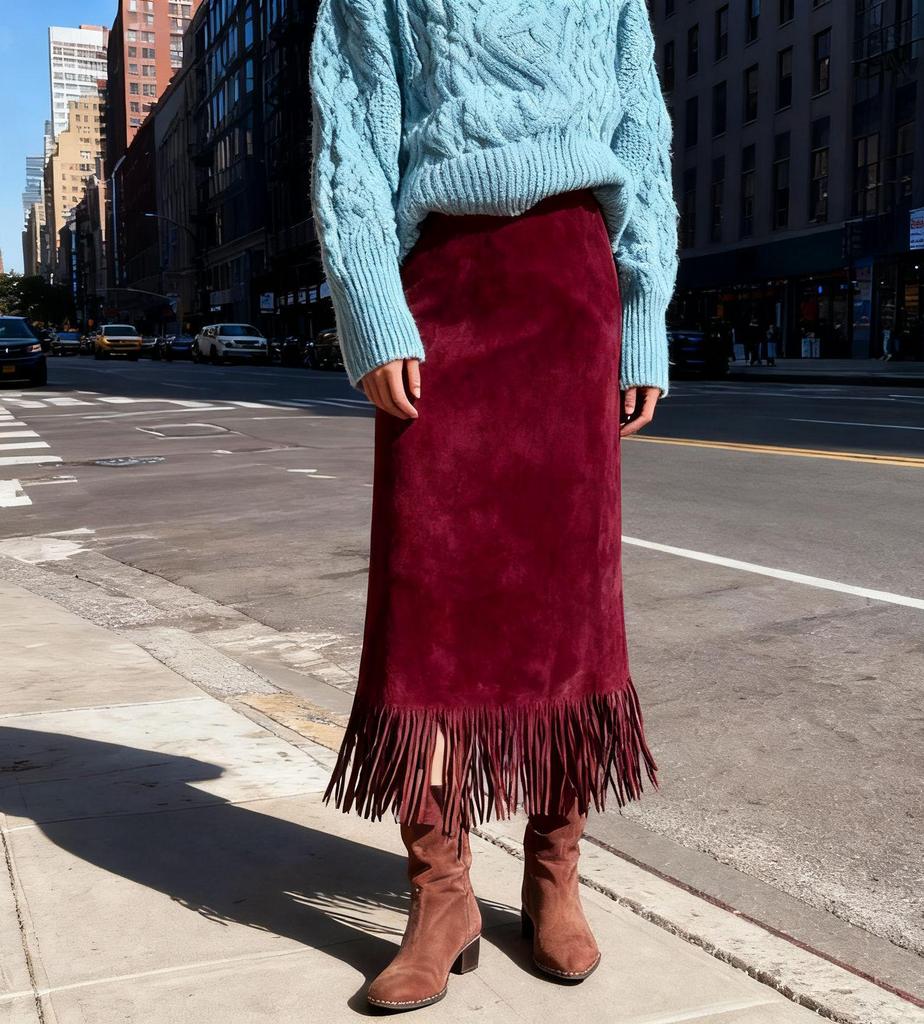 2025 Women's Elegant Tassel Long Suede Plush Skirt - Autumn/Winter Slim-Fit H-Line