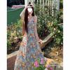 Floral Suspender Dress Seaside Vacation Wind Summer New French Blue Oil Painting Floral Thin Suspender Dress