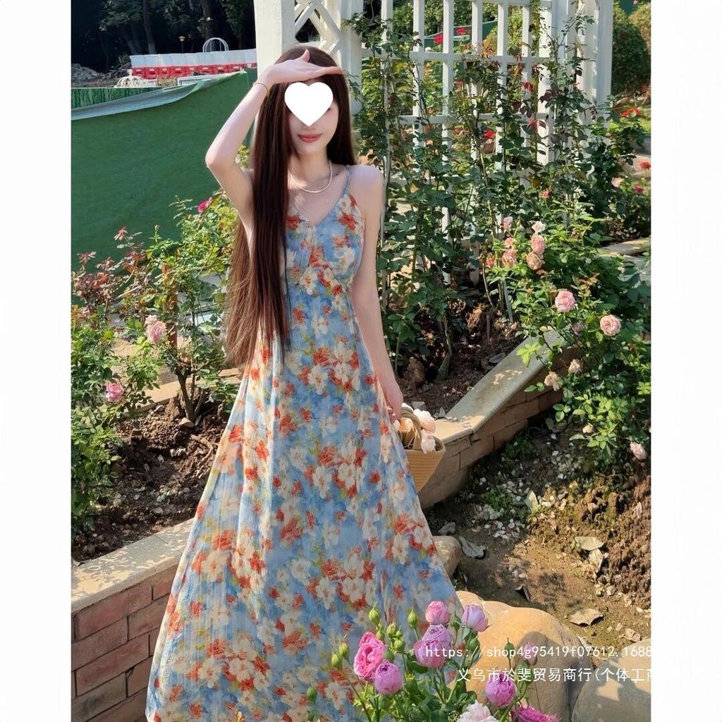 Floral Suspender Dress Seaside Vacation Wind Summer New French Blue Oil Painting Floral Thin Suspender Dress