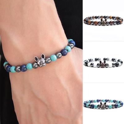 Einzigartiges Französische Bulldogge Armband Herren Natürliche Tigeraugen Hämatit Türkis Stein Elastische Armbänder Anhänger Meditation Mann Armband