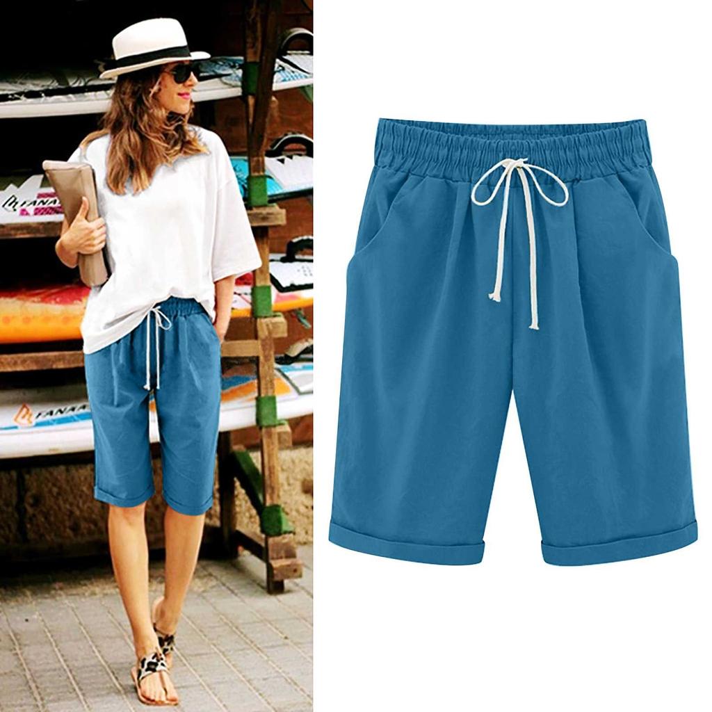 Women's Casual Loose Beach Pants Solid Color Loose Casual Fifth Pants Pockets  Linen Shorts