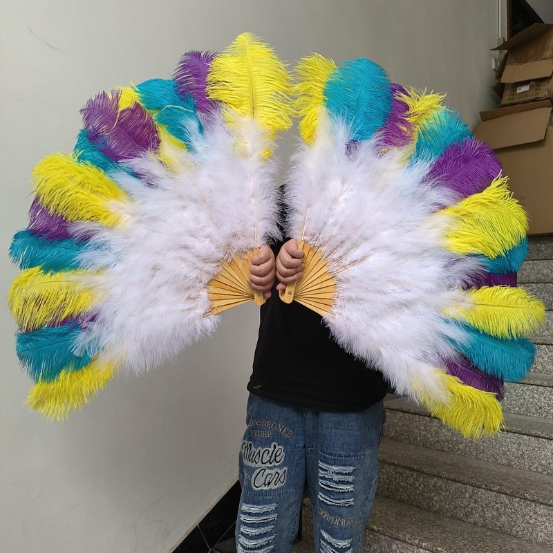 Mixing colour Ostrich Feather Hand Fan 70cm 100cm Fluffy Plumes Fan for Wedding Burlesque Stage Dance Performance Carnival Props