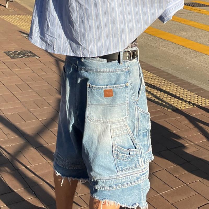 EastRogue Heavyweight Washed-out Distressed Splashed Ink Fringed Deconstructed Niche Vibe Denim Shorts