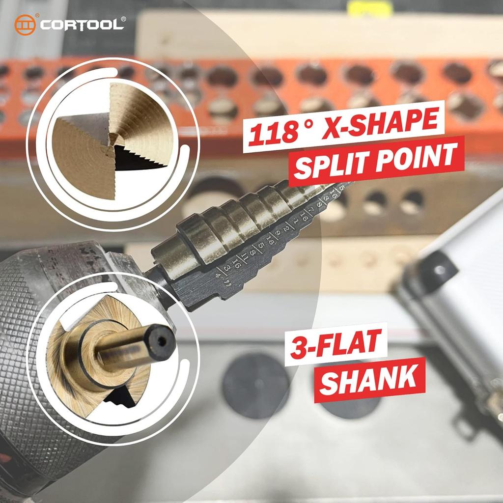 Step Drill Bits HSS 5PCS Titanium Step Drill Bit Set, 50 Sizes (1/8" to 1-3/8") High Speed Steel Unibit Drill Bits Set for Sheet Metal with Aluminum