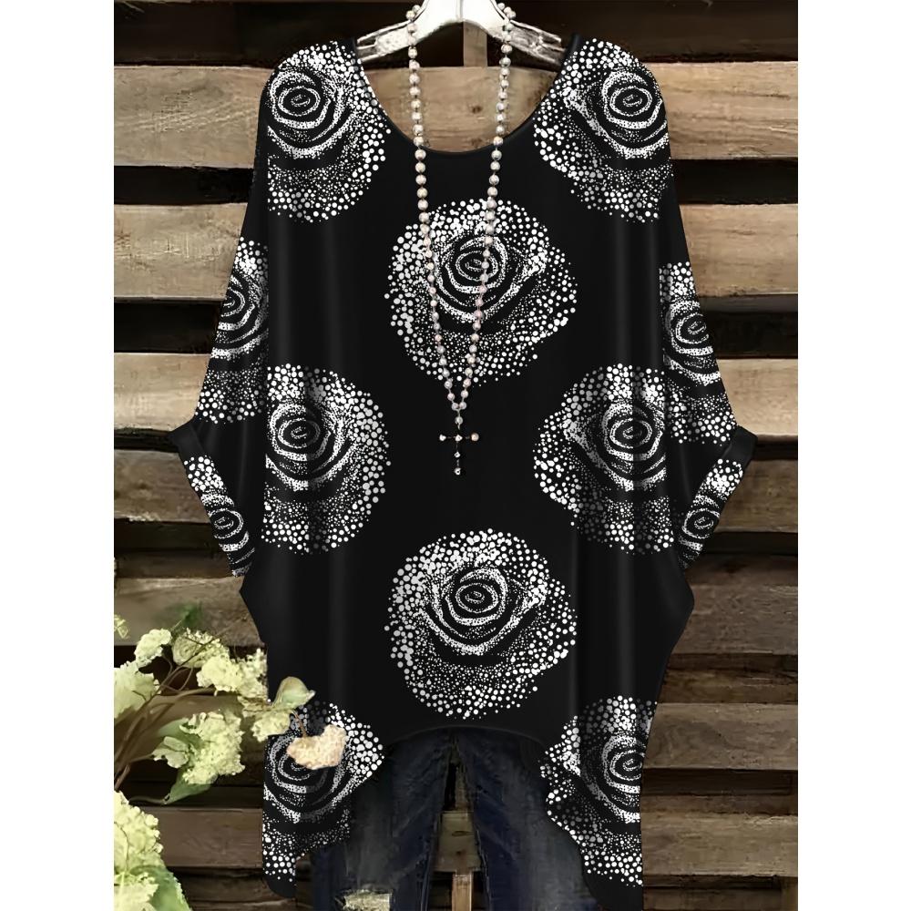 Bohemian Top for Women Elegant Colour Floral Graphics Design Round Neck Irregular Hem Women Casual Fashion Women Vacation Tops