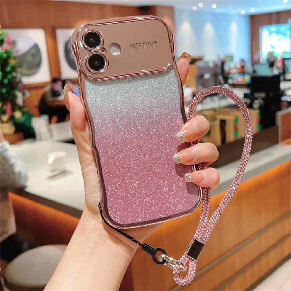 For iPhone 16 Case with Strap Gradient Glitter Electroplating TPU Phone Cover