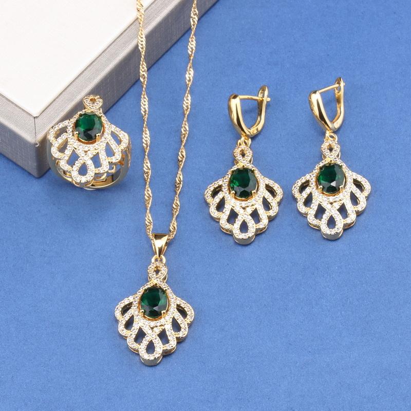 Unique  Gold Plated Wedding Accessories Big Jewelry Sets Colorful Zircon Bridal Necklace And Earrings Ring For Women Gift