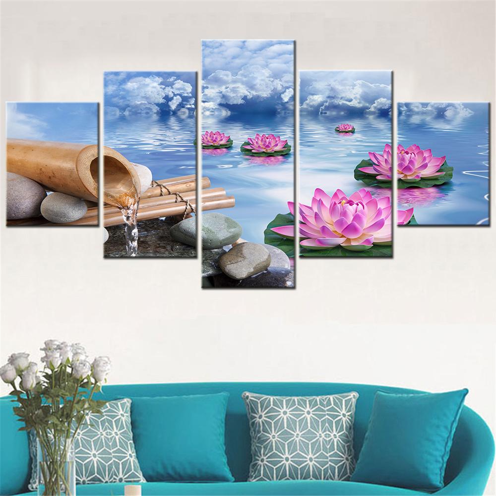 

5 Panel Canvas Wall Art Pictures Lotus Stone Water Pink Flower Paintings for Interior Room Decoration Teenager Home Decor Poster 20X35 20X45 20X55CM