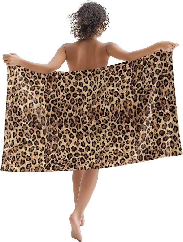 Beach Towel Leopard Print Bath Pool Towels Brown Animals Fur Skin Absorbent Beach Towel Soft Large Quick Dry Lightweight Camping