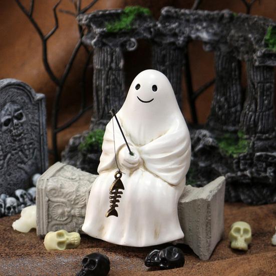 Halloween Sculpture Synthetic Resin Skeleton Fisherman Statue Mini Ghost Fishing Pond Garden Decoration