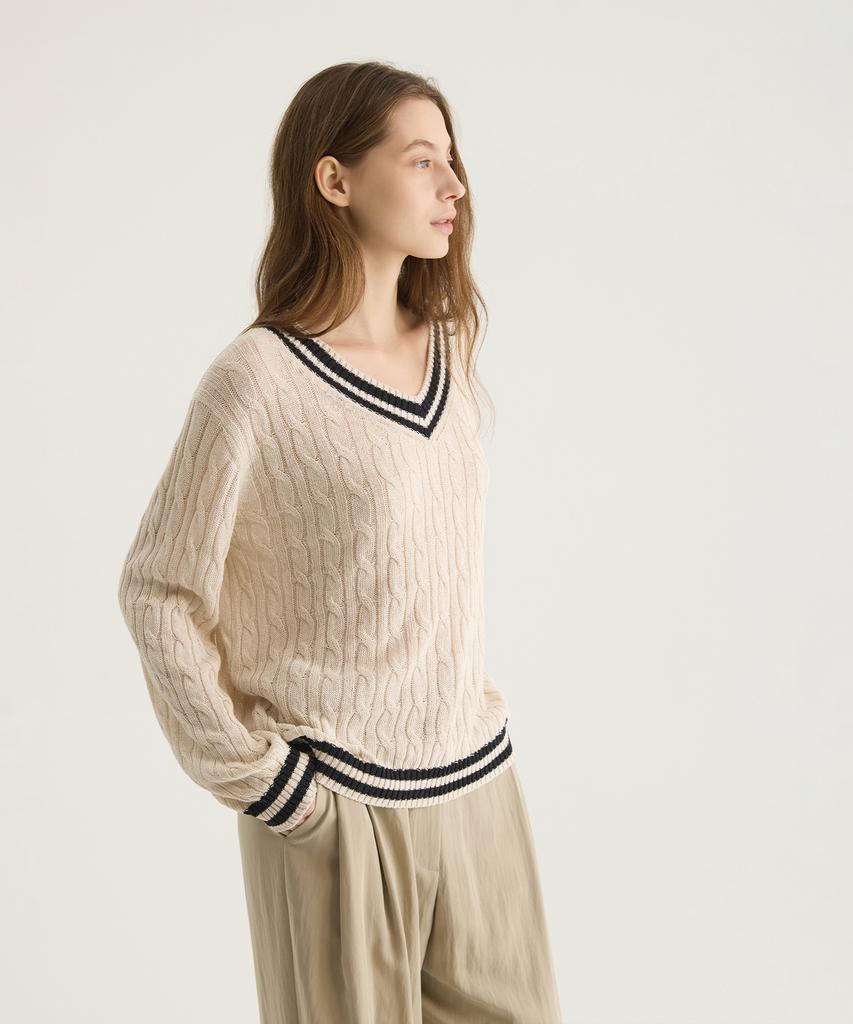 Oteumilkape Cable V-Neck Knit - Beige