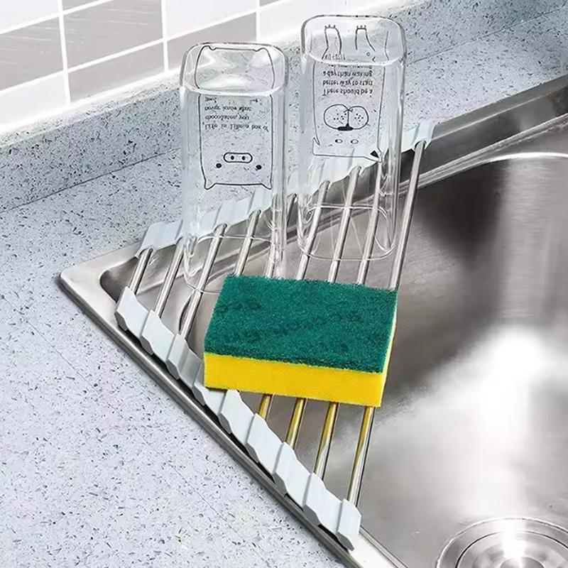 Roll Up Triangle Dish Drying Rack Kitchen Sink Organizer Corner Over The Sink Sponge Rag Holder Foldable Stainless Steel Drainer