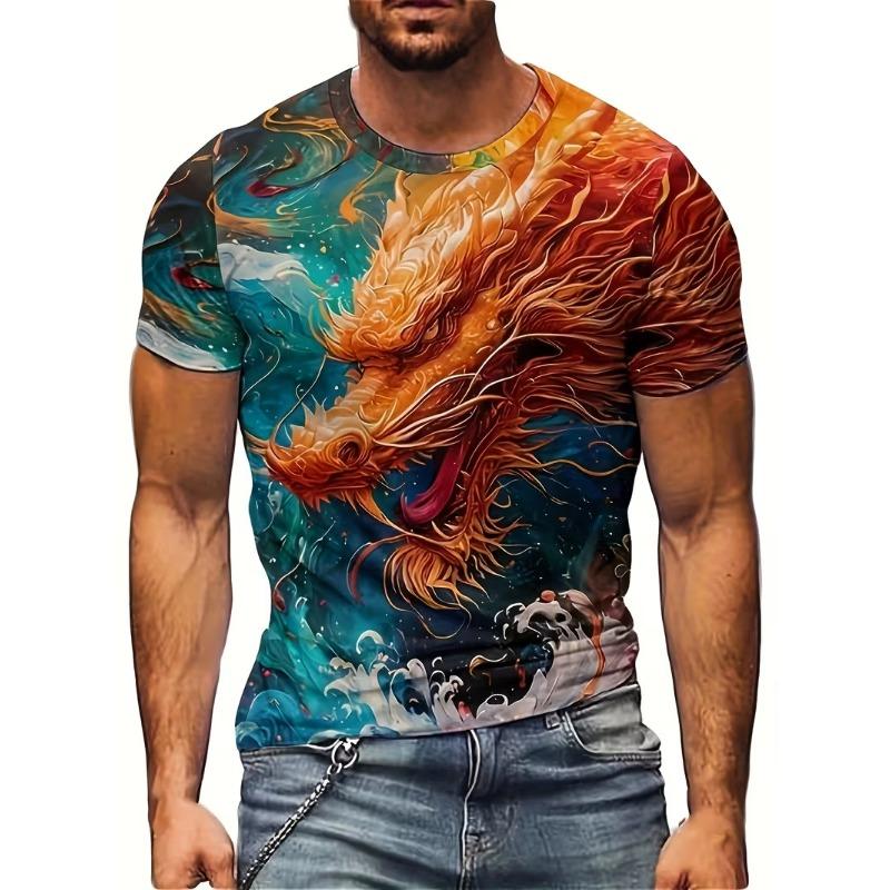Men's 3D Digital Print Dragon Graphic T-Shirt Casual Short Sleeve Summer Round Neck Tshirts Regular Fit Oversized T Shirt Top