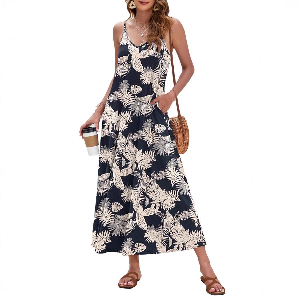 2026 Elegant European & American Spaghetti Strap Long Printed Dress with Pockets
