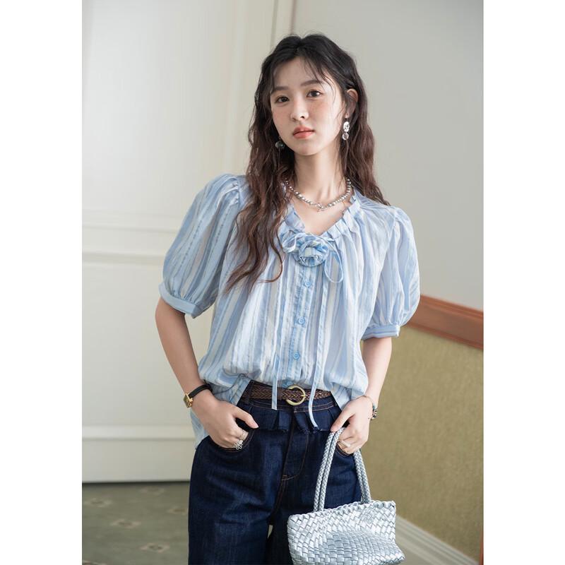Women s Striped Puff Sleeve Lace Collar Blouse S