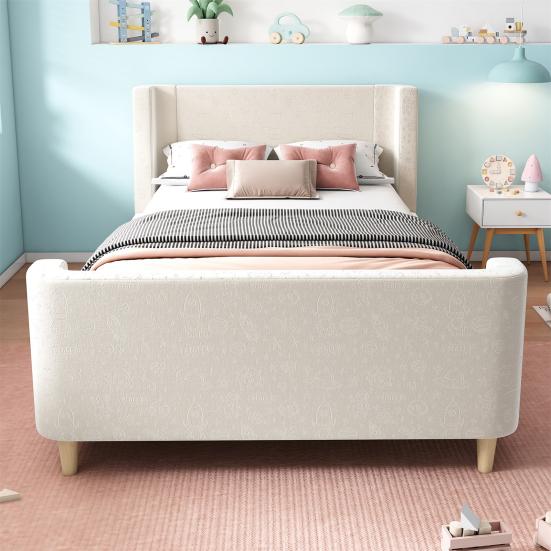 Upholstered Bed. Children Bed, Single Bed with Universe Pattern, 90 x 200cm, for Boys & Girls, Beige, Velvet (without