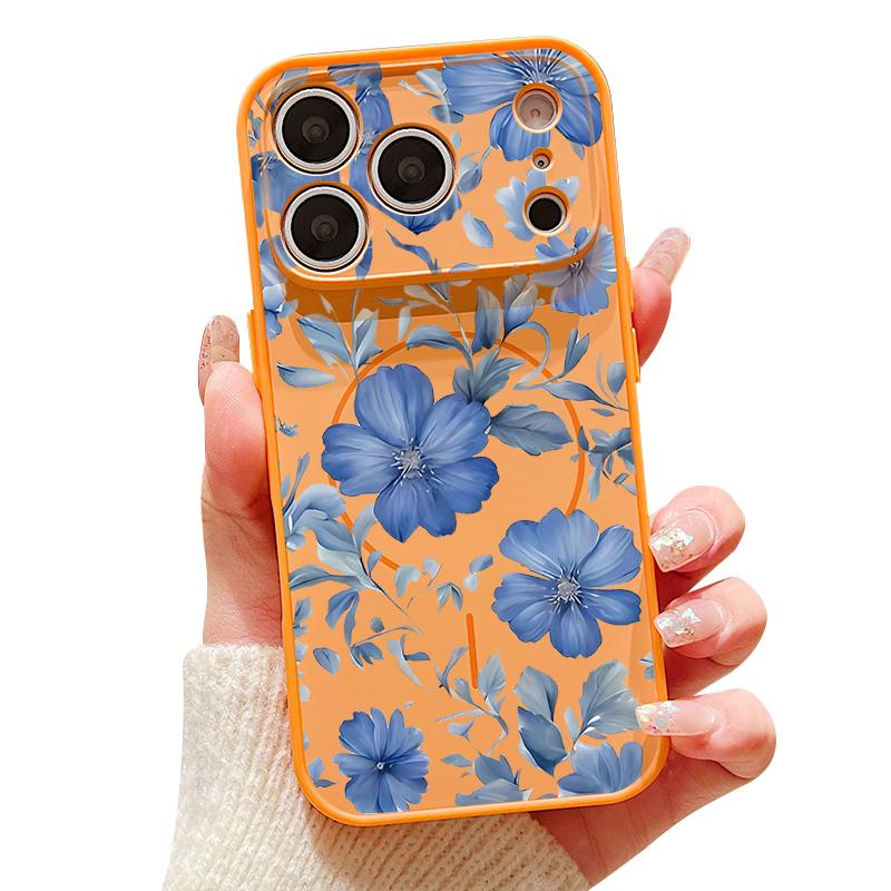 Magnetic For Magsafe Case For iPhone 17 Pro Max Pale Blue Flowers Pattern Skin Feeling Cover For iPhone 16 15 14 13 Pro Max