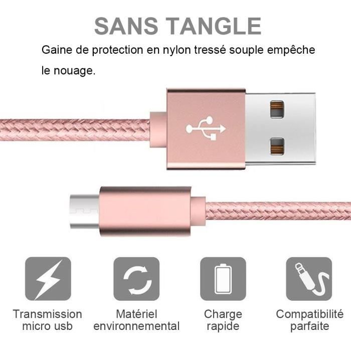 Câble Micro USB - Nylon Rose - Lot de 3 - 2M