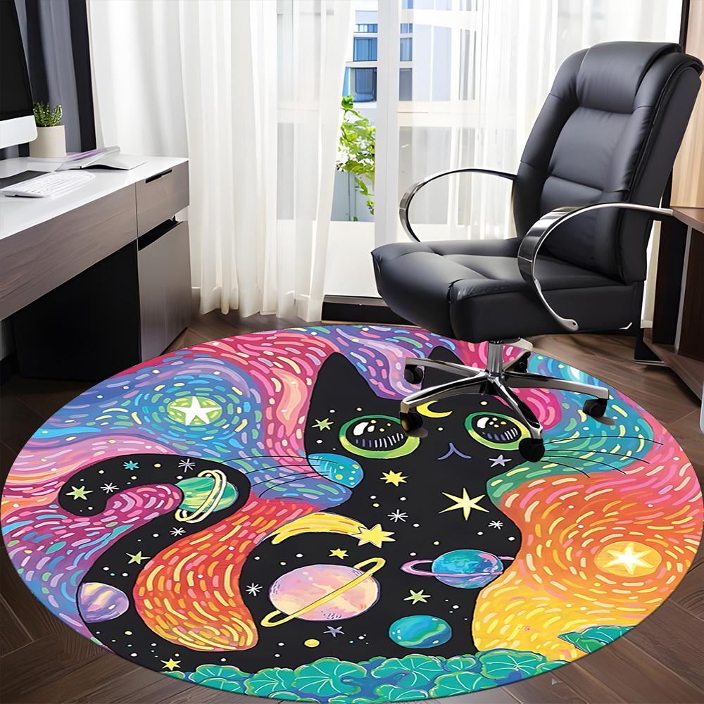 1PC Galaxy Cat Office Round Area Rug, Mat Suitable ForOffice, Under Office Chairs Bedroom Living Room Home Decor, Room Deco