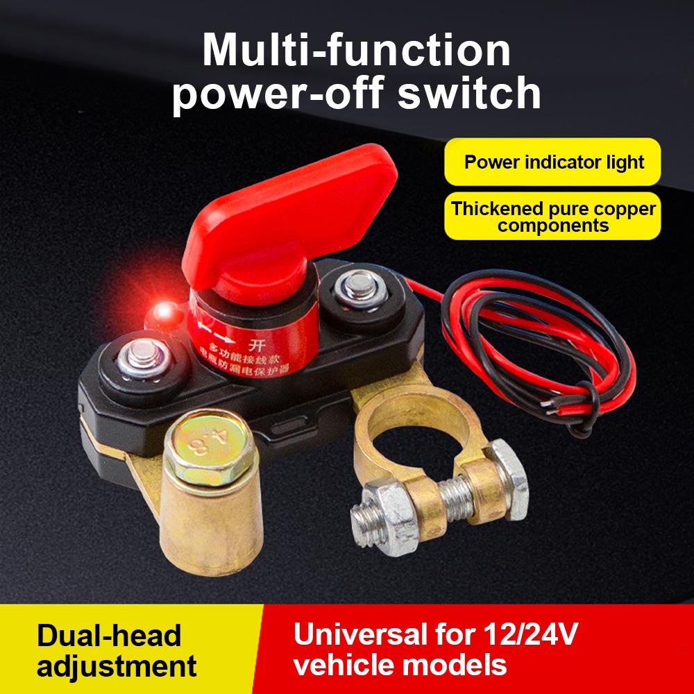 Full Copper Car Battery Disconnect Switch with LED Indicate Light 12-24V Bidirectional Rotating Power Cut Off, Universal Side Post