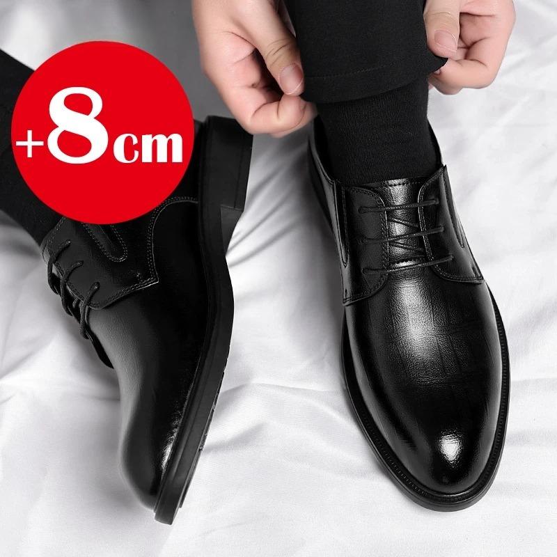6/8 CM Height Increasing Leather Shoe Luxury Men Dress Shoes Classic Black Soft Leather Shoe Trend Business Casual Leather Shoes