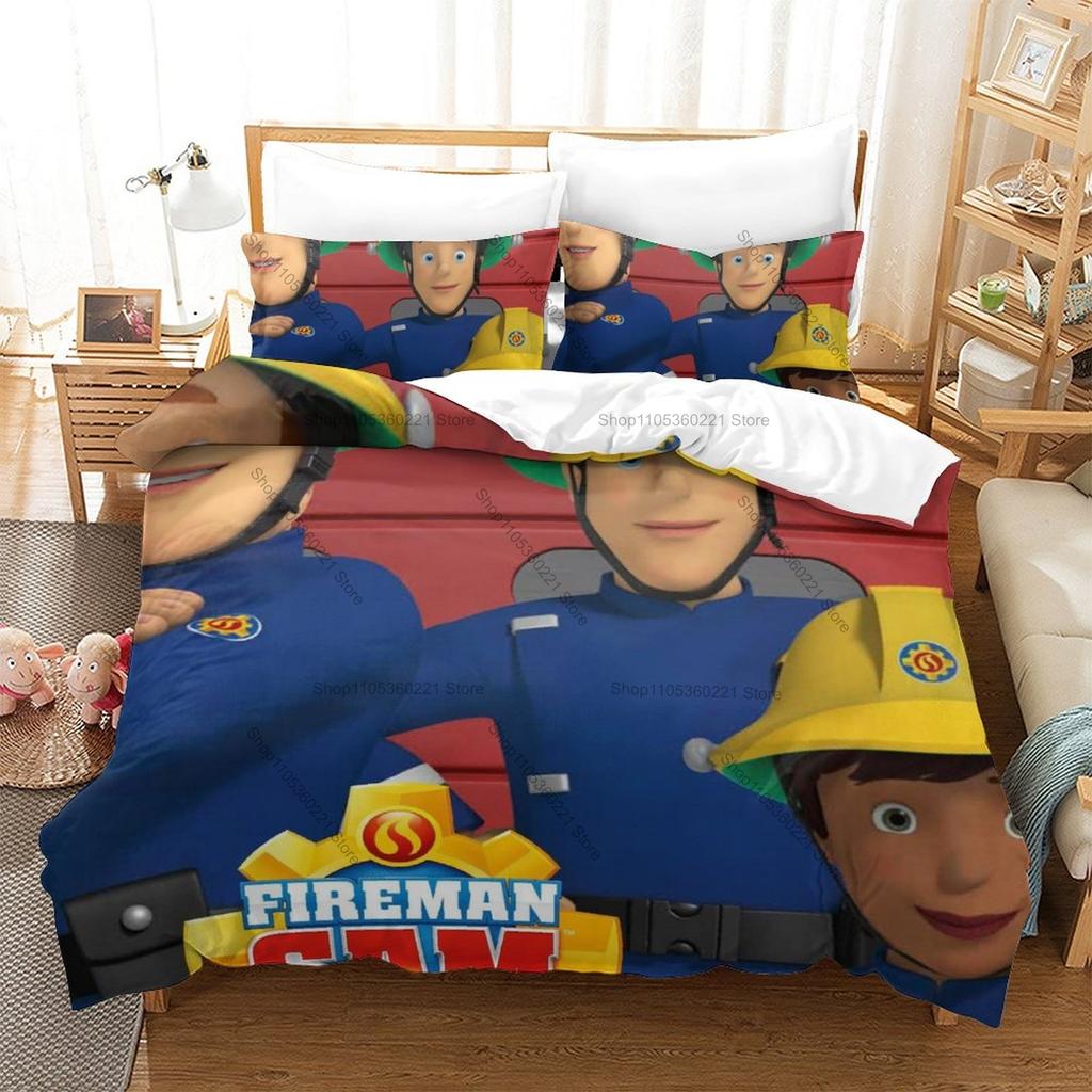Cute Fireman Sam Rescue Cartoon Fire Engine HD Print Bedding Set Duvet Cover + 2 Pillowcases Polyester Boys/Girls Room Decor