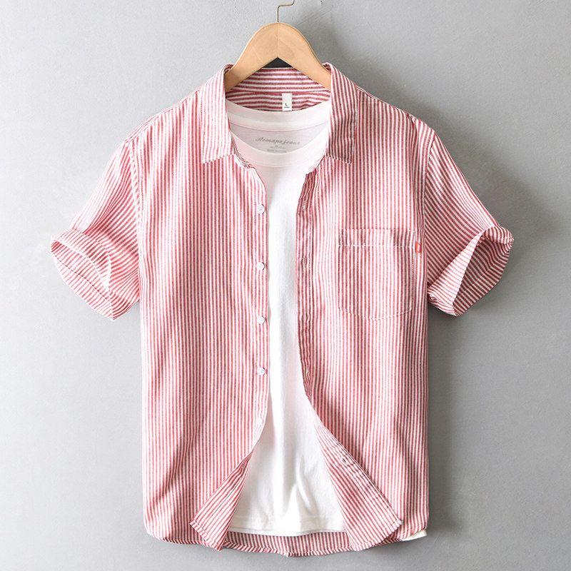 Summer Japan fashion Retro Vertical Stripes Short sleeve Shirts Men's Casual Thin Half Sleeve Shirt New Washed Bunchy Yarn