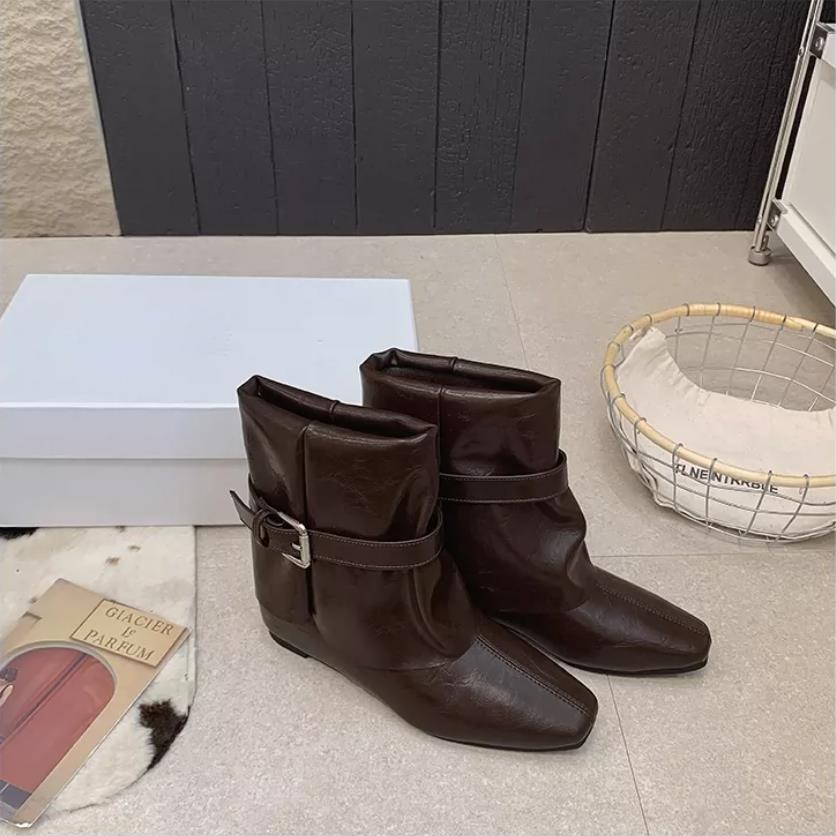 Pointed Inner Heightening Pile Boots Women's New Autumn Belt Buckle Short Boots Maillard Western Jeans Tube Boots