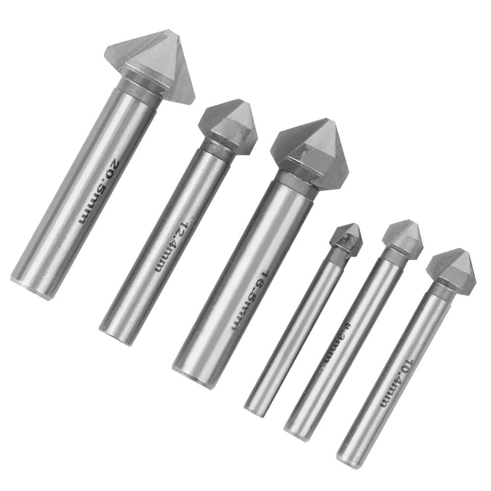 6pcs Chamfer Cutter Round Shank 3 Edged 90 Degree High‑Speed Steel Countersink Drill Bit Set