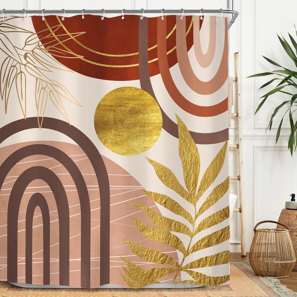 Abstract Leaves Shower Curtain Set Emerald Green Modern Tropical Mid Century Simple Minimalist Chic Polyester Waterproof Cloth