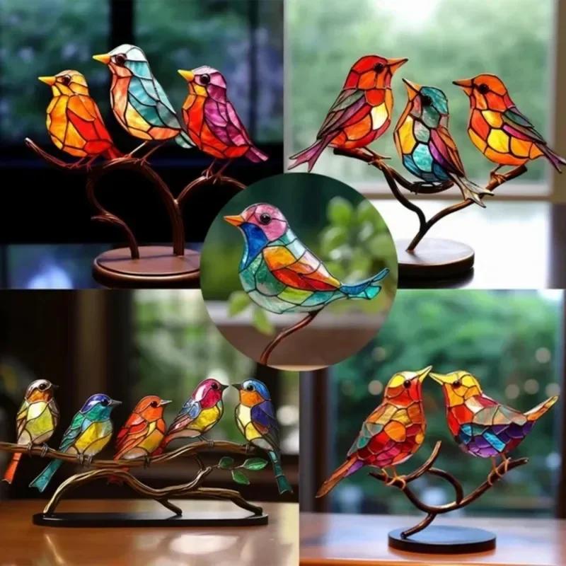 Uccelli in Vetro Colorato su Ramo Ornamenti da Scrivania Uccelli Multicolore Double Sided Decorazioni Serie Uccelli