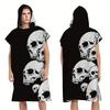 Gotische Skelett Kapuzenhandtuch Flachdruck Schwarz Weiß Mikrofaser Poncho für Schwimmer Surfer Strand Pool Tragbare Decke