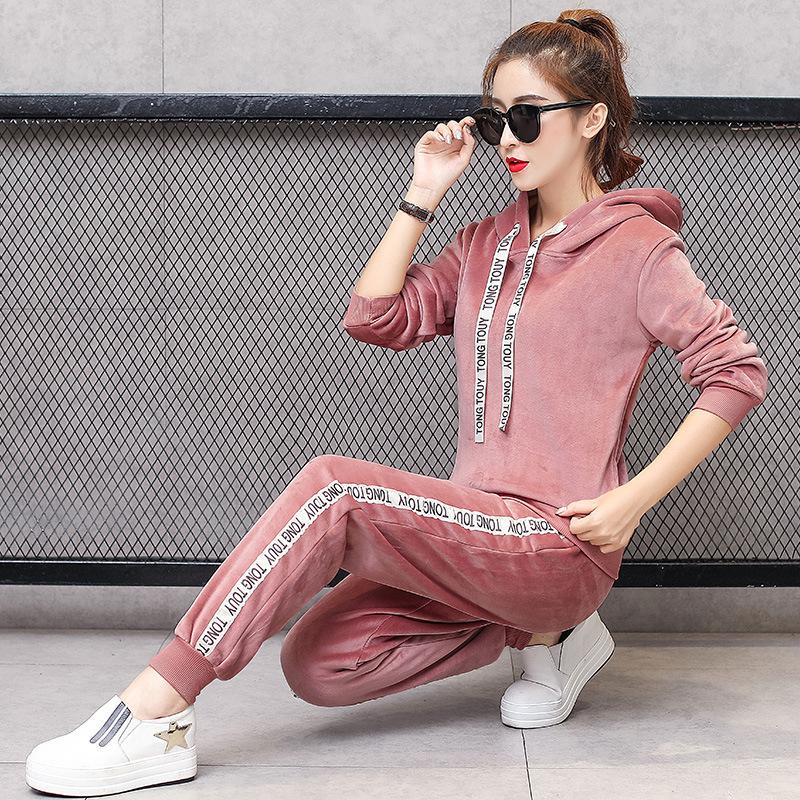 Completo di Velluto Dorato Moda Donna Autunno e Inverno Abbigliamento Sportivo Maglione Spesso con Velluto Interno Completo Due Pezzi Casual Donna