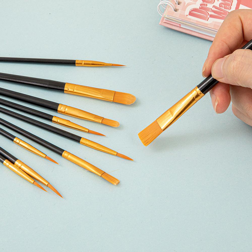 10Pcs Painting Brushes Set Art Round Flat Hair Nylon Hair Paint Brush Pen Oil Acrylic Watercolor Nylon Hair Paint Brushes