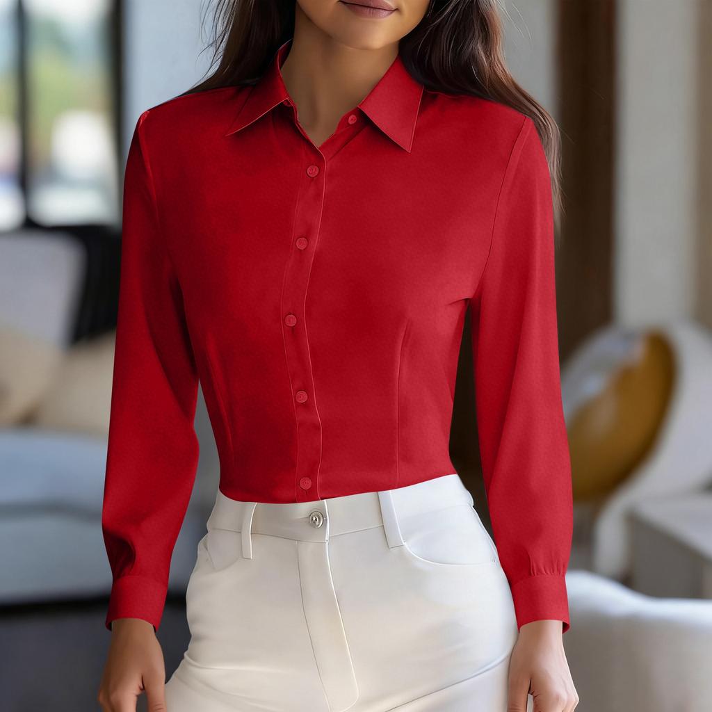 Women's Fashionable Color Lapel Long Sleeved Waist Cinched Business Casual Shirt Top