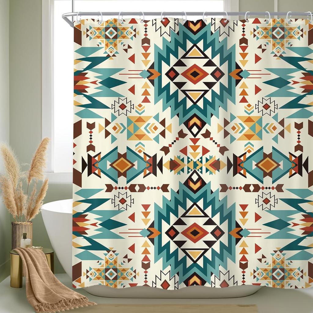 Western Aztec Shower Curtain Abstract Vintage Boho Retro Geometric Tribal Ethnic Native Bathroom Set American Southwestern