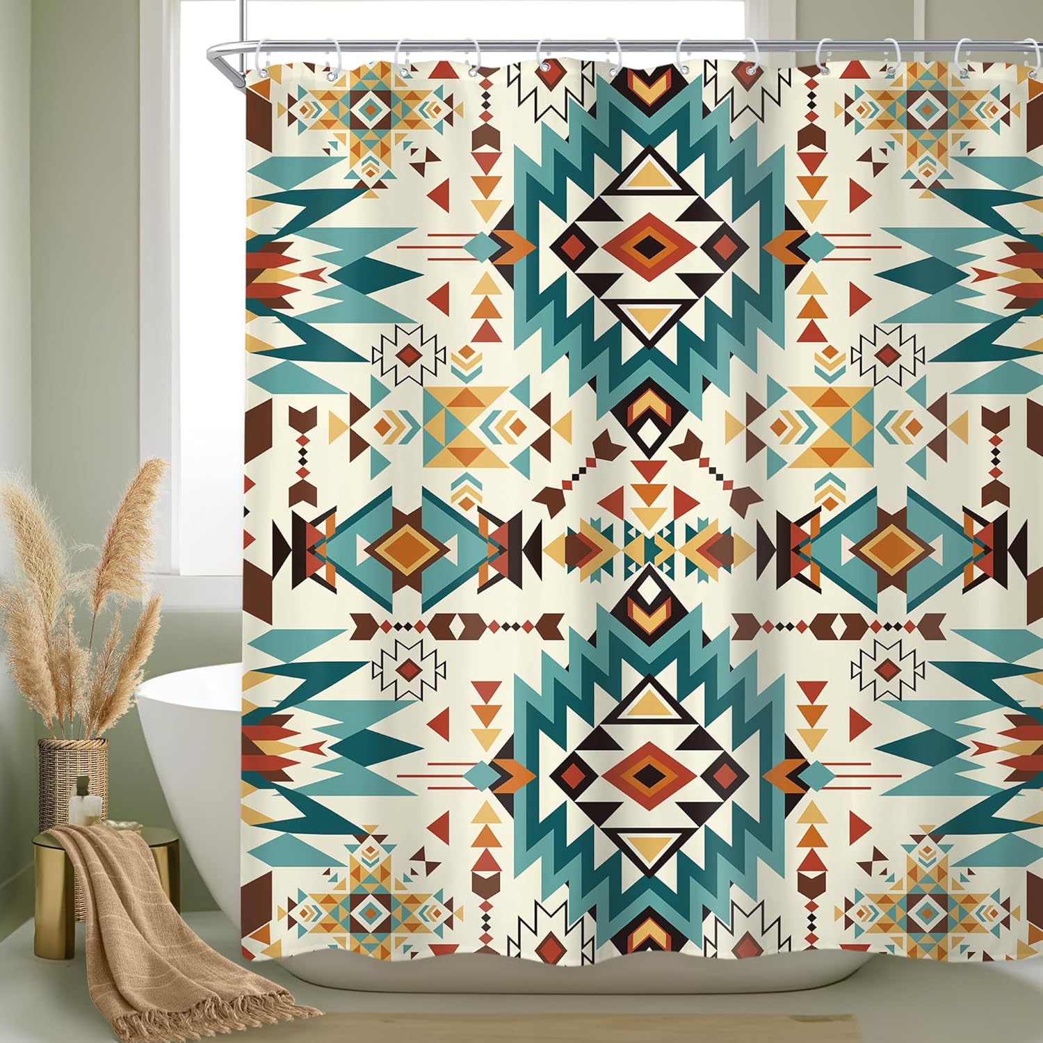

Western Aztec Shower Curtain Abstract Vintage Boho Retro Geometric Tribal Ethnic Native Bathroom Set American Southwestern 90x180CM
