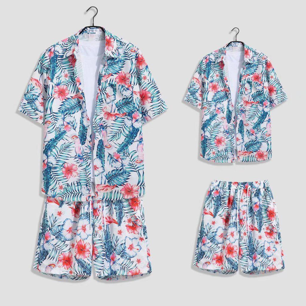 Hawaiian Floral Beach Resort Unisex Two-Piece Set: Loose Short Sleeve Shirt & Shorts