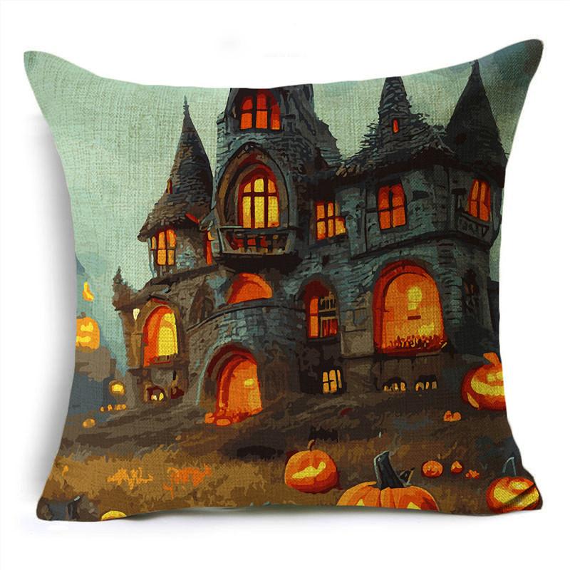 Halloween Interesting Pumpkin Lantern Series Castle Linen Throw Pillowcase Decorative Cushion Cover For Sofa Livingroom Party