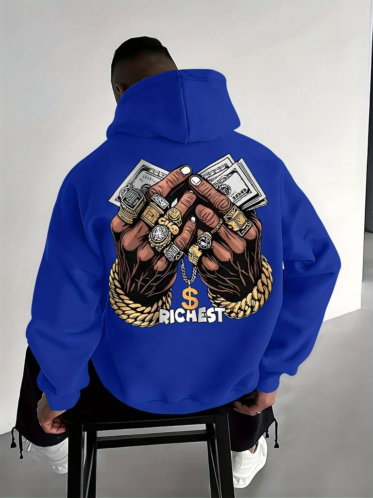 Hip Hop Luxury Hand Dollar Gold Accessory Back Graphic Print Men Hip Hop Sports Hoodie Retro Street Culture Loose Oversized Pullover Sweatshirt