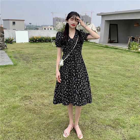 Summer Floral Temperament Skirt, Medium Length Short Sleeved French Fresh and Sweet Dress, Fairy Dress, Fashionable Women's Clothing