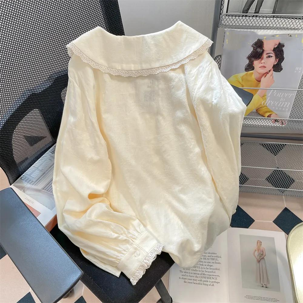 Women's Spring and Autumn French Sweet Doll Collar Lace Long Sleeve Shirt Lazy Style Interior Top