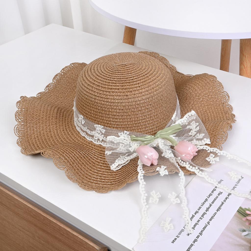 Lace Bow Straw Hat Women's Summer French Large Brim Sunscreen Hat Seaside Beach Vacation Sun Hat