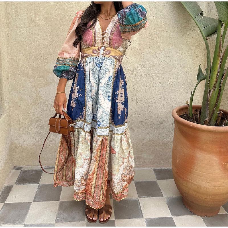 

Ретро этнический принт платье с длинными рукавами-буфами для женского отпуска или поездок на работу (Стиль 2025 года) Extra Large