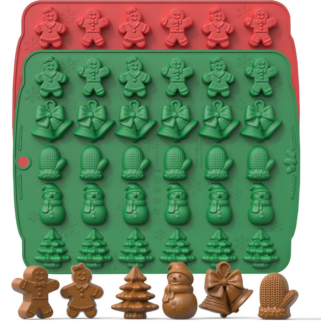 Christmas Candy Molds, 2 Pcs 30 Cavity Christmas Gummy Molds, Silicone Christmas Chocolate Molds, Red & Green