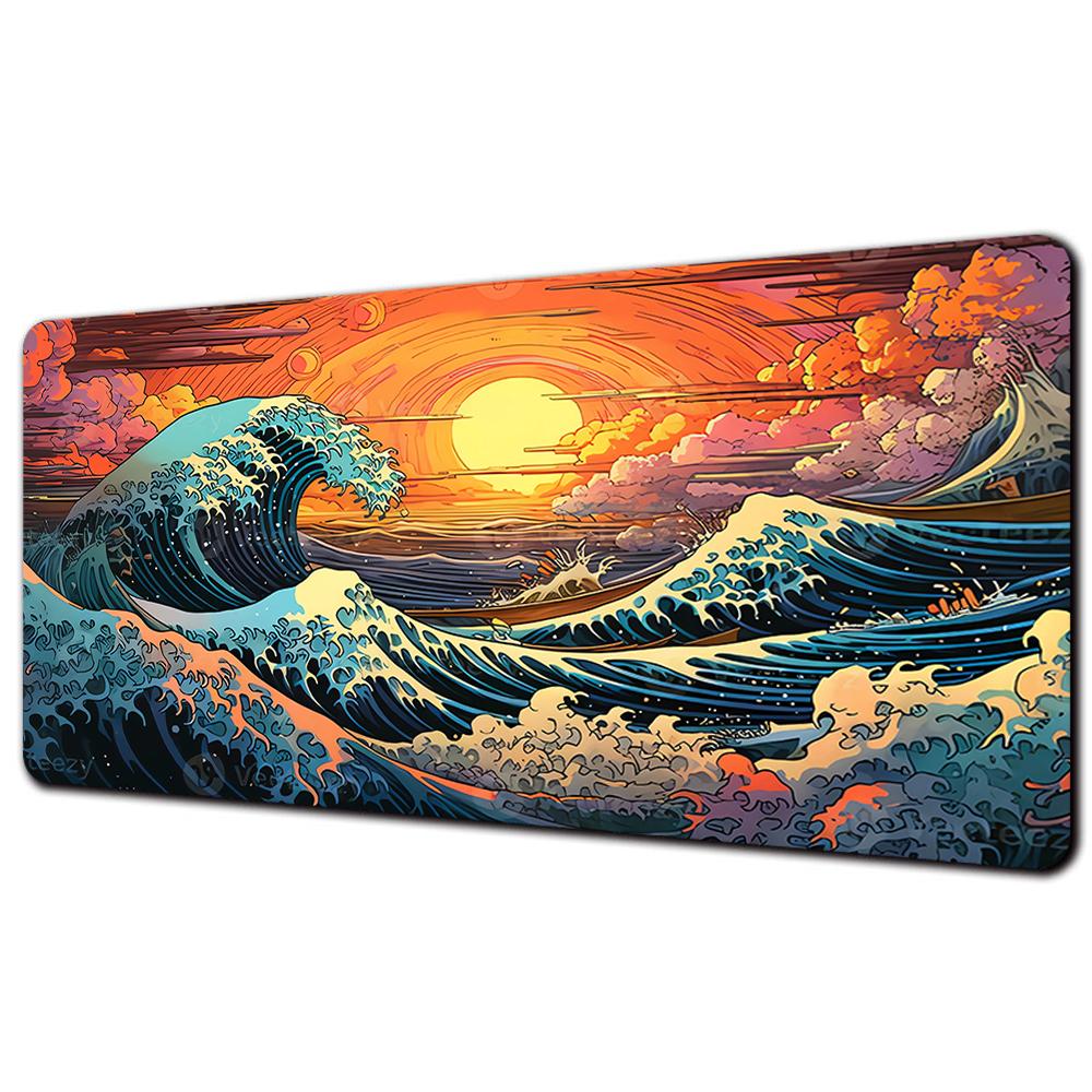 XXL Mechanical Keyboard Pad NonSlip Carpet Natural Rubber Table Mat Art Mouse Pad PC Gaming Black And White Great Wave Desk Pad