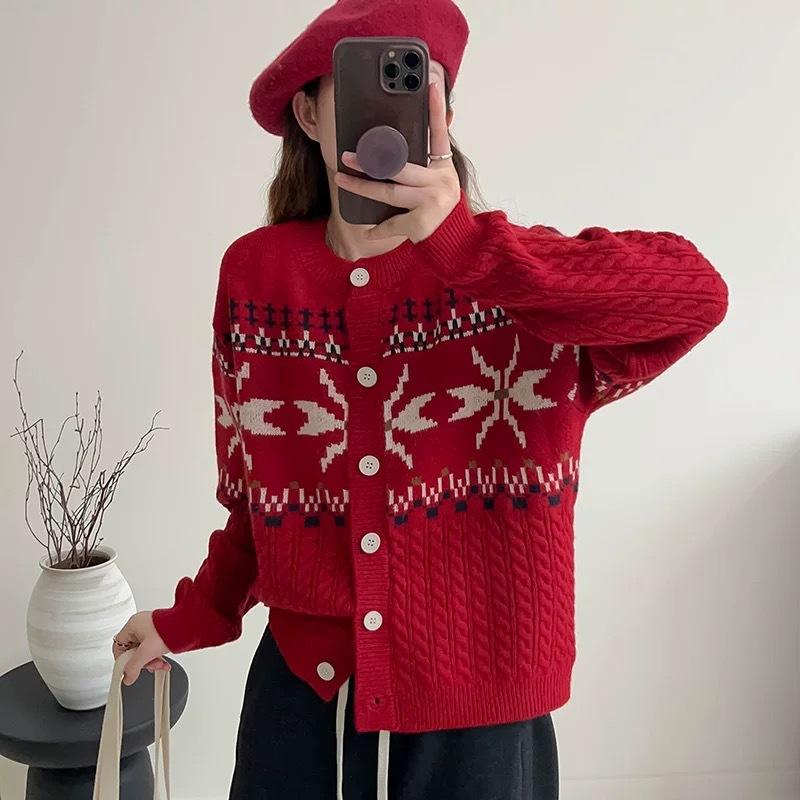 2025 autumn and winter Korean new twist crew neck knitted cardigan women's casual style loose versatile sweater jacket women