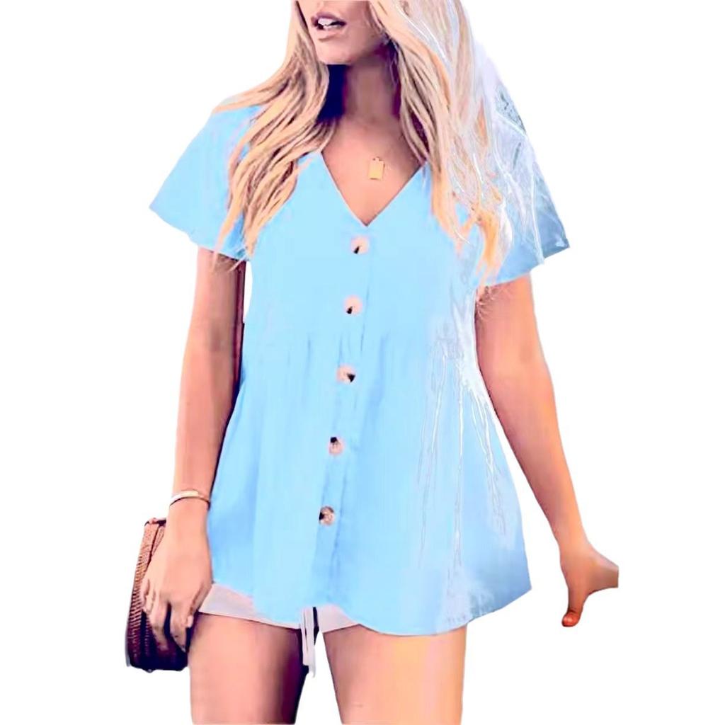 Summer V-neck Pure Cotton Short Sleeved Shirt Button Solid Color Women's Blouses & Shirts